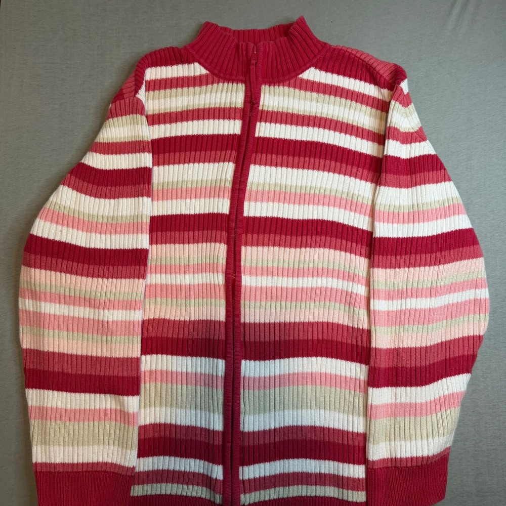 Cherokee Red Pink Striped Full Zip Mock Neck Sweater 100% Cotton Knit 2X trendy